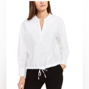 Alfani Small Drawstring Hem Blouse V-Neck White Lightweight 2 Button Long Sleeve